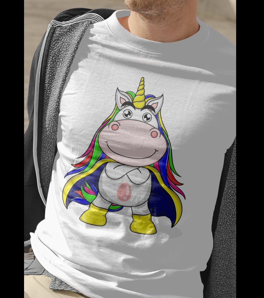 Superhero Unicorn With Rainbow Cape And Yellow Boots T-Shirt
