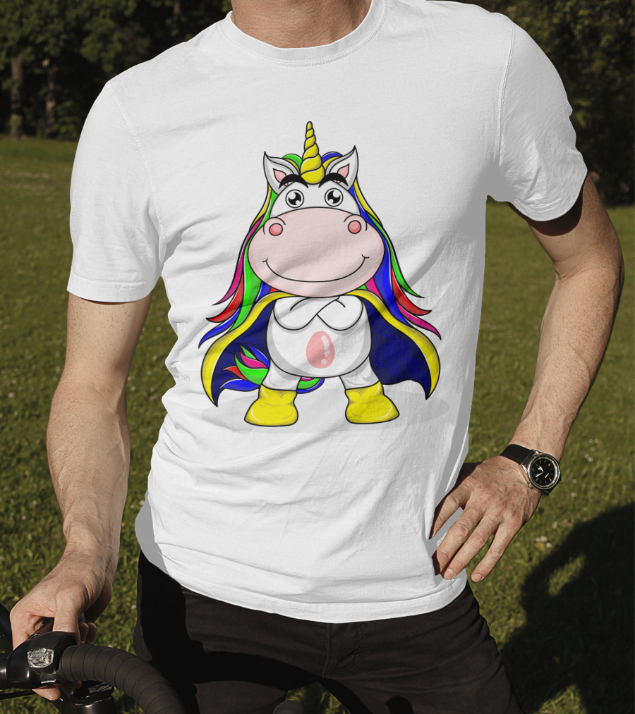 Superhero Unicorn With Rainbow Cape And Yellow Boots T-Shirt