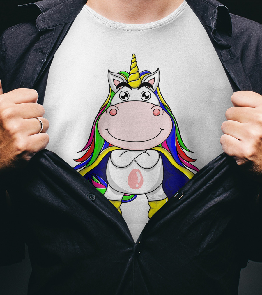 Superhero Unicorn With Rainbow Cape And Yellow Boots T-Shirt