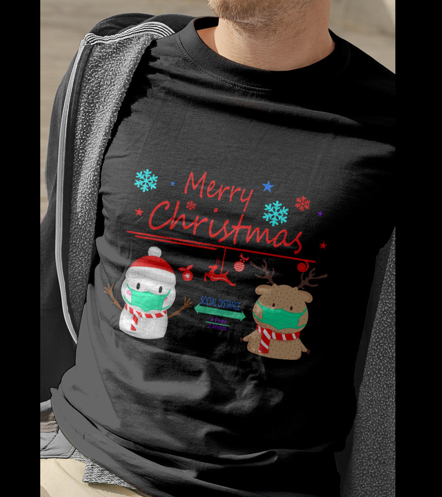 Merry Christmas Social Distance Snowman And Reindeer With Masks T-Shirt