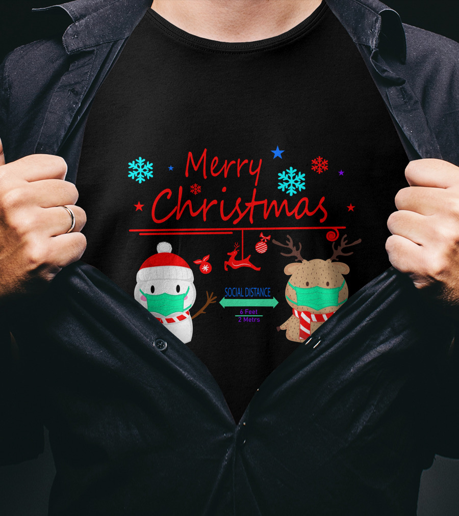 Merry Christmas Social Distance Snowman And Reindeer With Masks T-Shirt