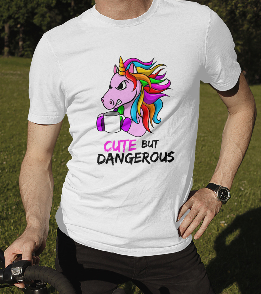 Cute But Dangerous Pink Unicorn With Rainbow Mane And Coffee Mug T-Shirt