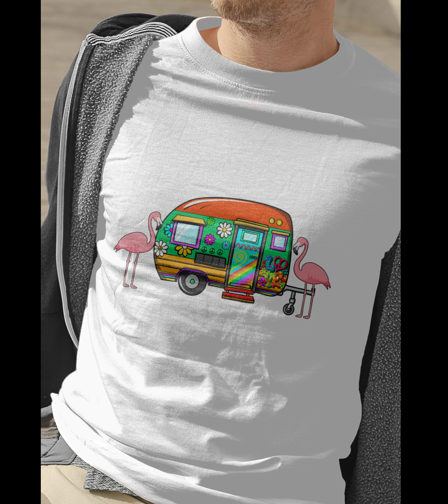 Flamingo Camping Retro Floral Caravan T-Shirt