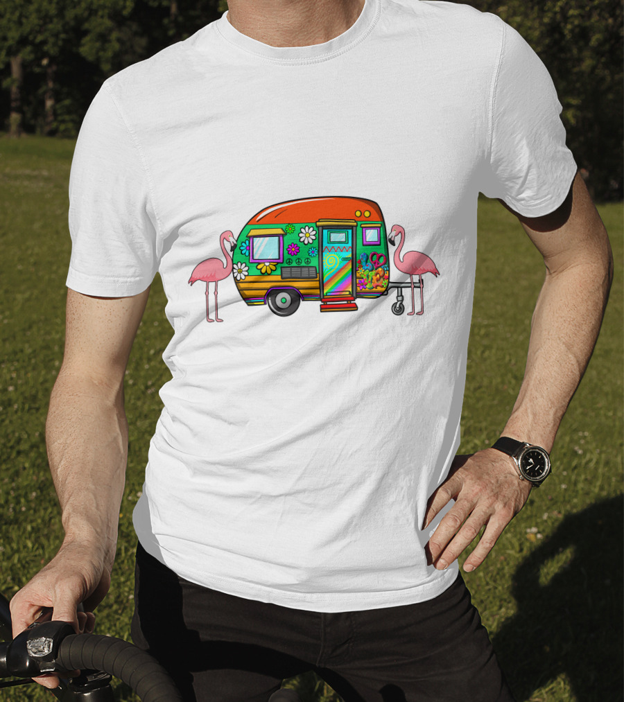 Flamingo Camping Retro Floral Caravan T-Shirt