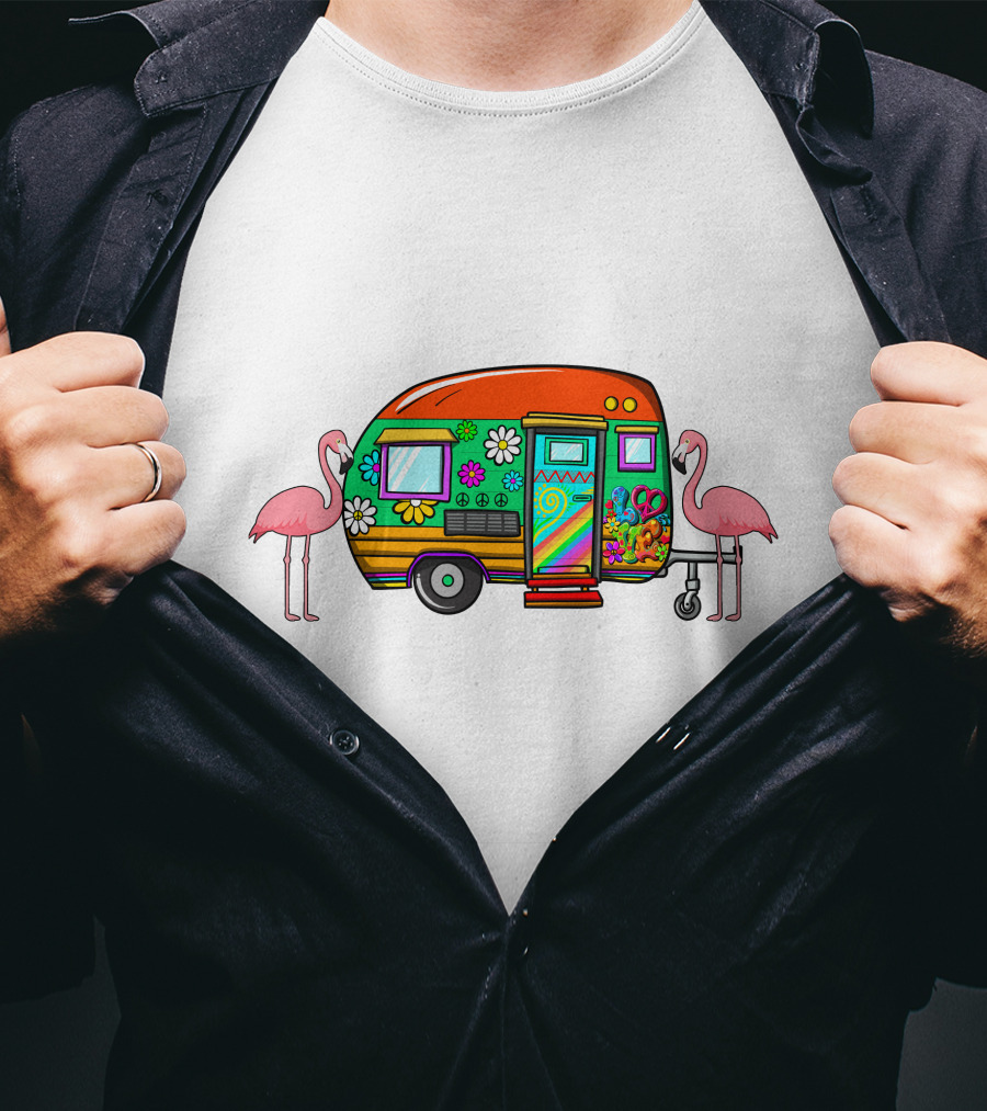 Flamingo Camping Retro Floral Caravan T-Shirt