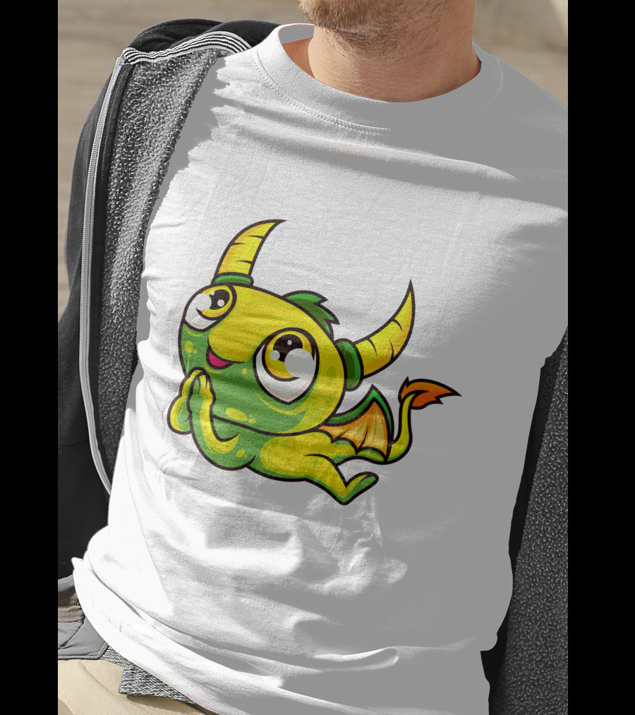 Cute Dragon Wishing Adorable Green And Yellow Horned Fantasy Character T-Shirt