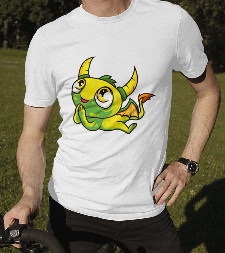 Cute Dragon Wishing Adorable Green And Yellow Horned Fantasy Character T-Shirt