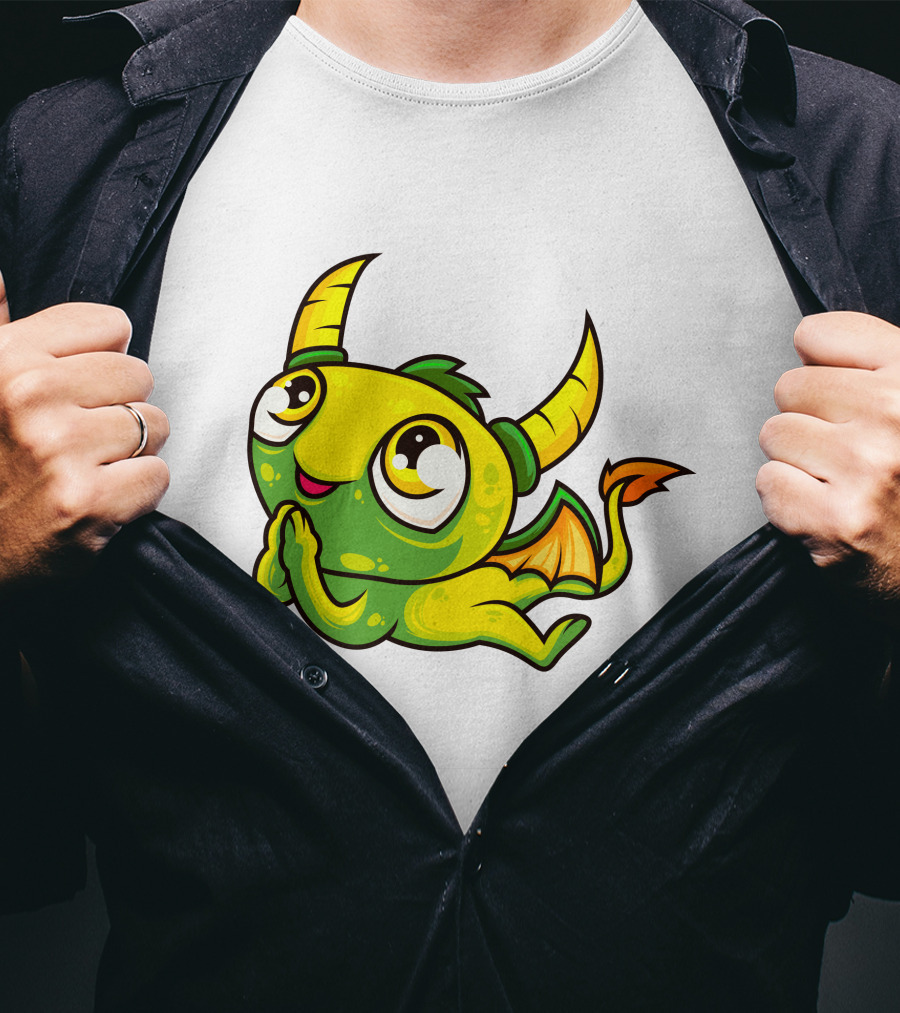 Cute Dragon Wishing Adorable Green And Yellow Horned Fantasy Character T-Shirt