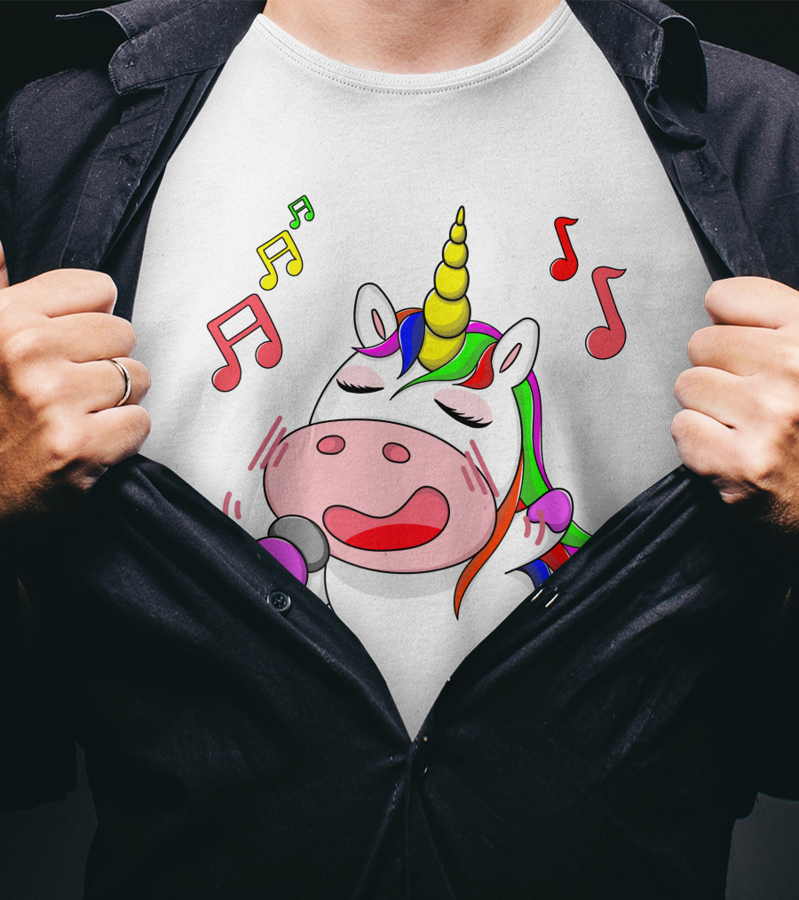 Unicorn Singing With Colorful Microphone And Musical Notes T-Shirt