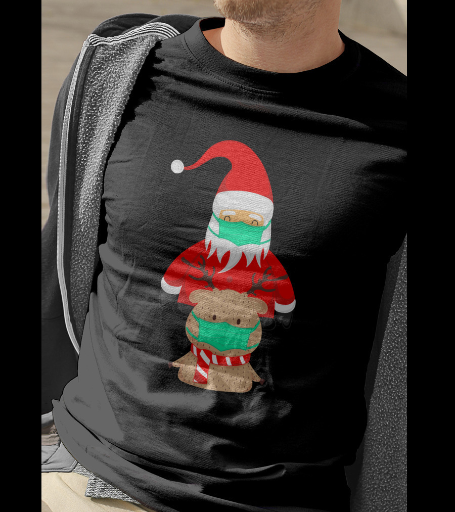 Santa Claus And Reindeer Wearing Masks T-Shirt