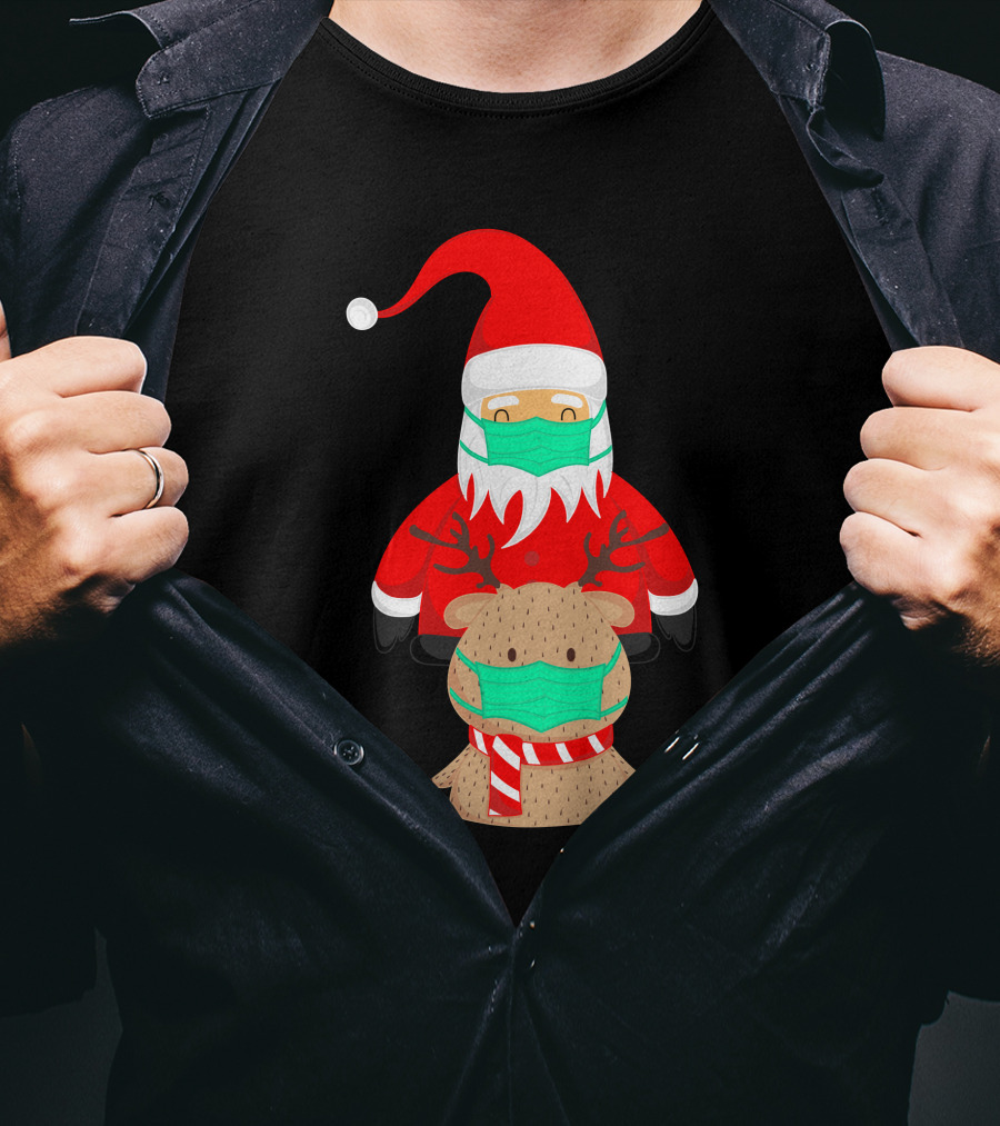 Santa Claus And Reindeer Wearing Masks T-Shirt