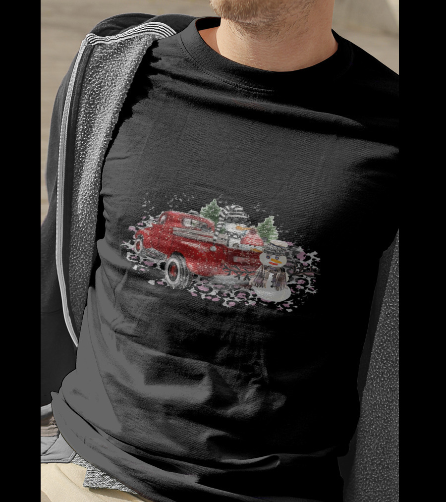 Christmas Snowman Truck Red Watercolor Snow Scene T-Shirt