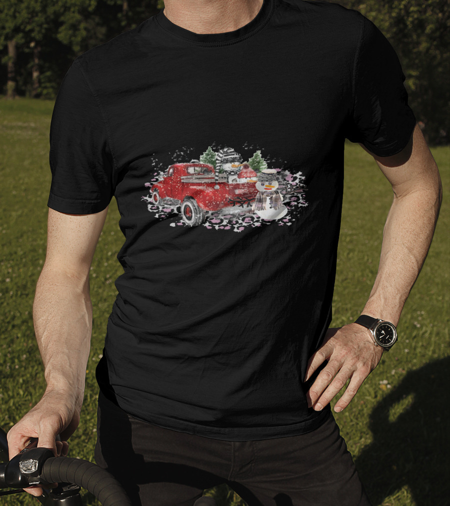 Christmas Snowman Truck Red Watercolor Snow Scene T-Shirt