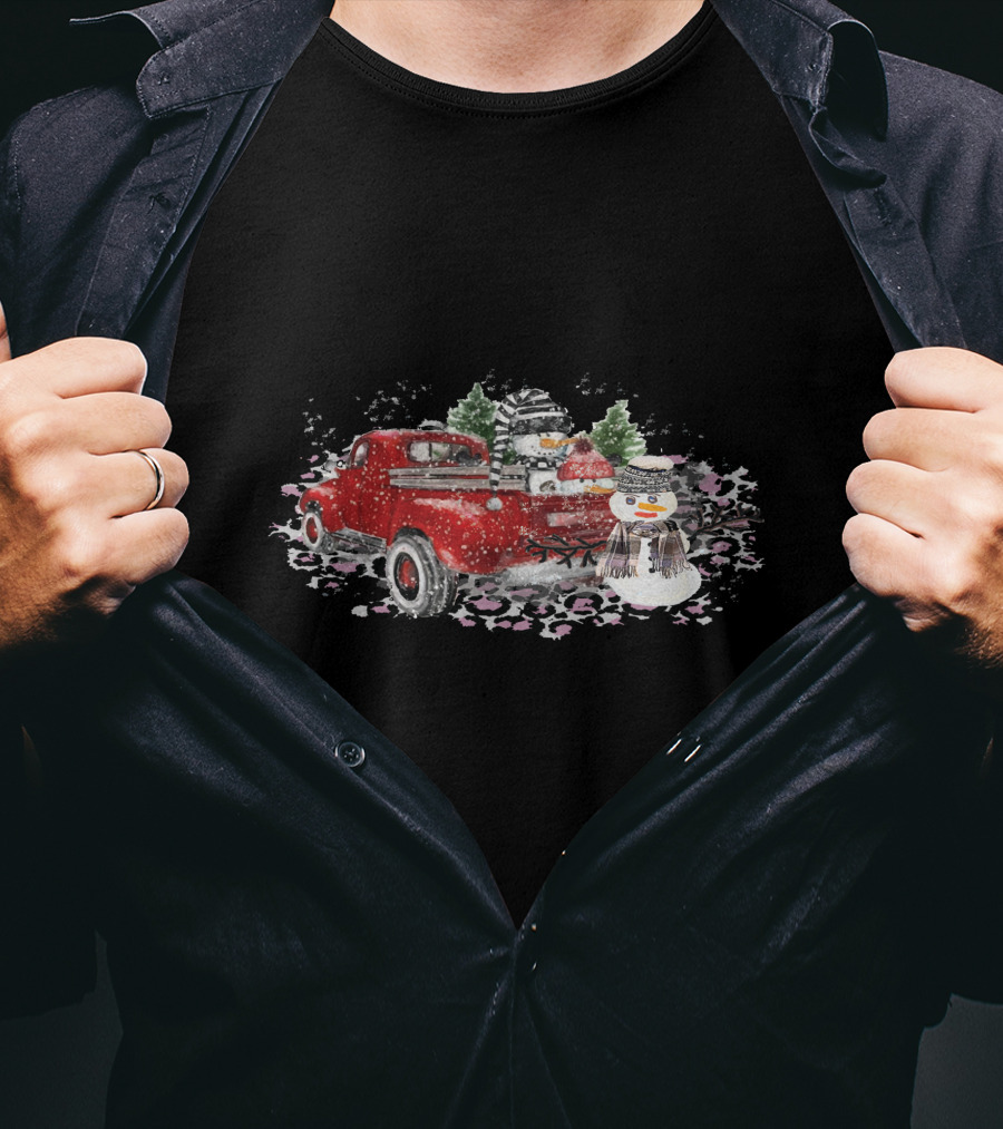 Christmas Snowman Truck Red Watercolor Snow Scene T-Shirt