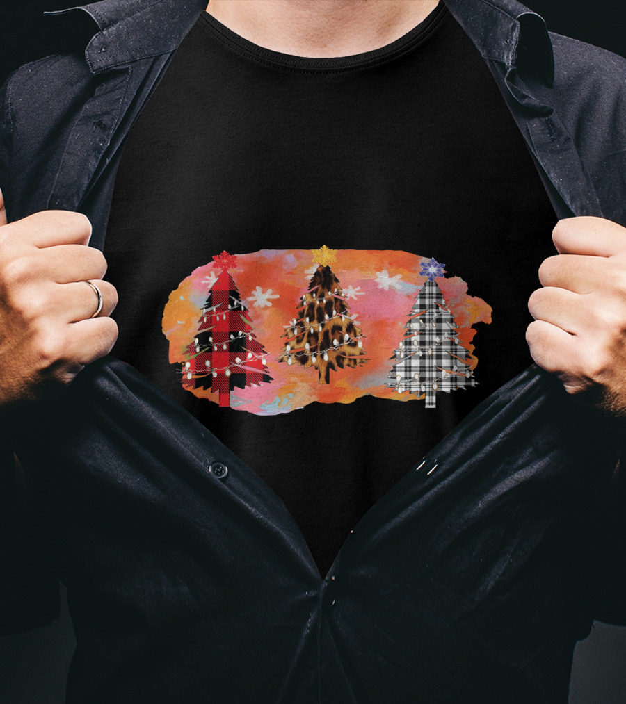 Plaid And Lights Christmas Trees With Stars On Watercolor Background T-Shirt