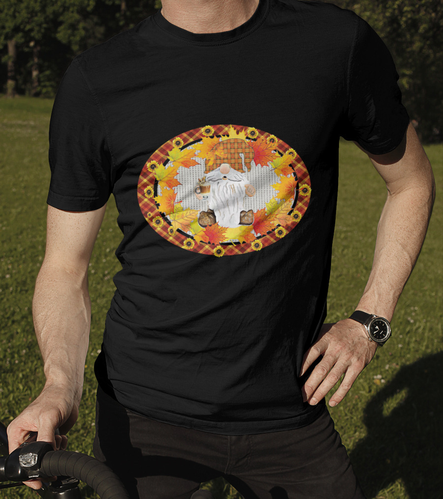Fall Gnome With Coffee Mug Surrounded By Autumn Leaves And Sunflowers T-Shirt