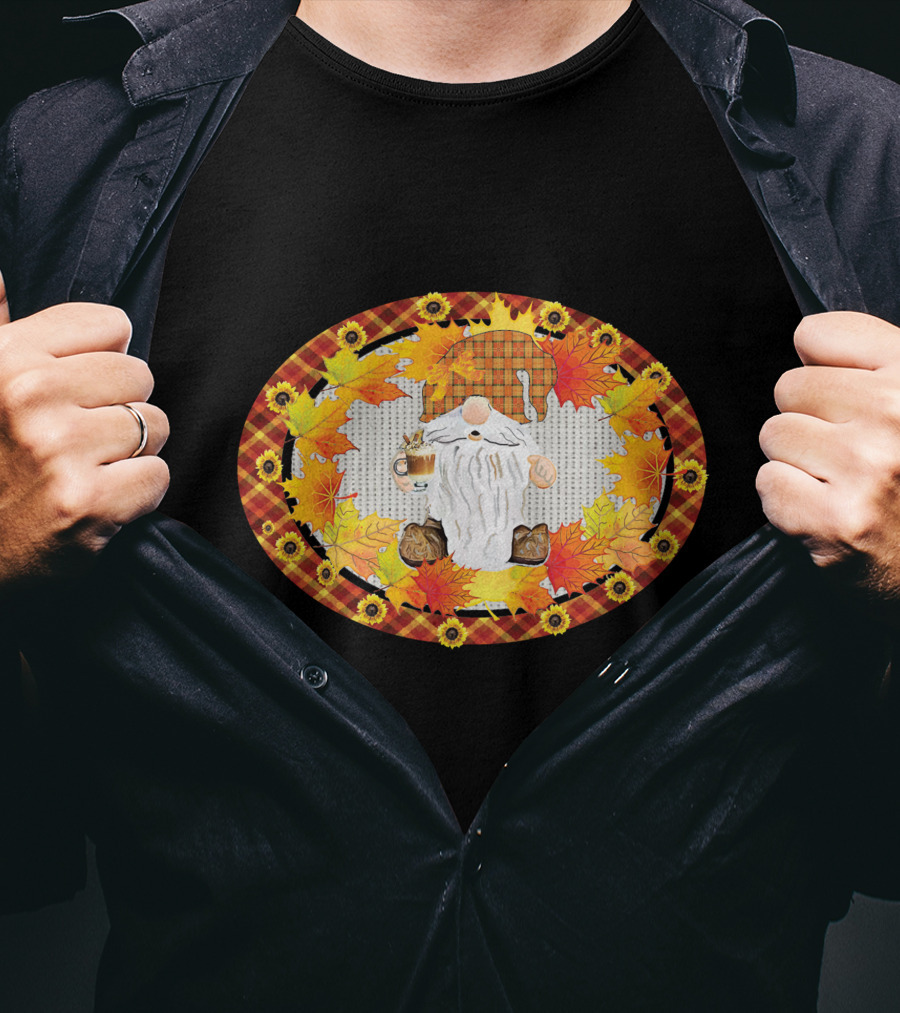 Fall Gnome With Coffee Mug Surrounded By Autumn Leaves And Sunflowers T-Shirt