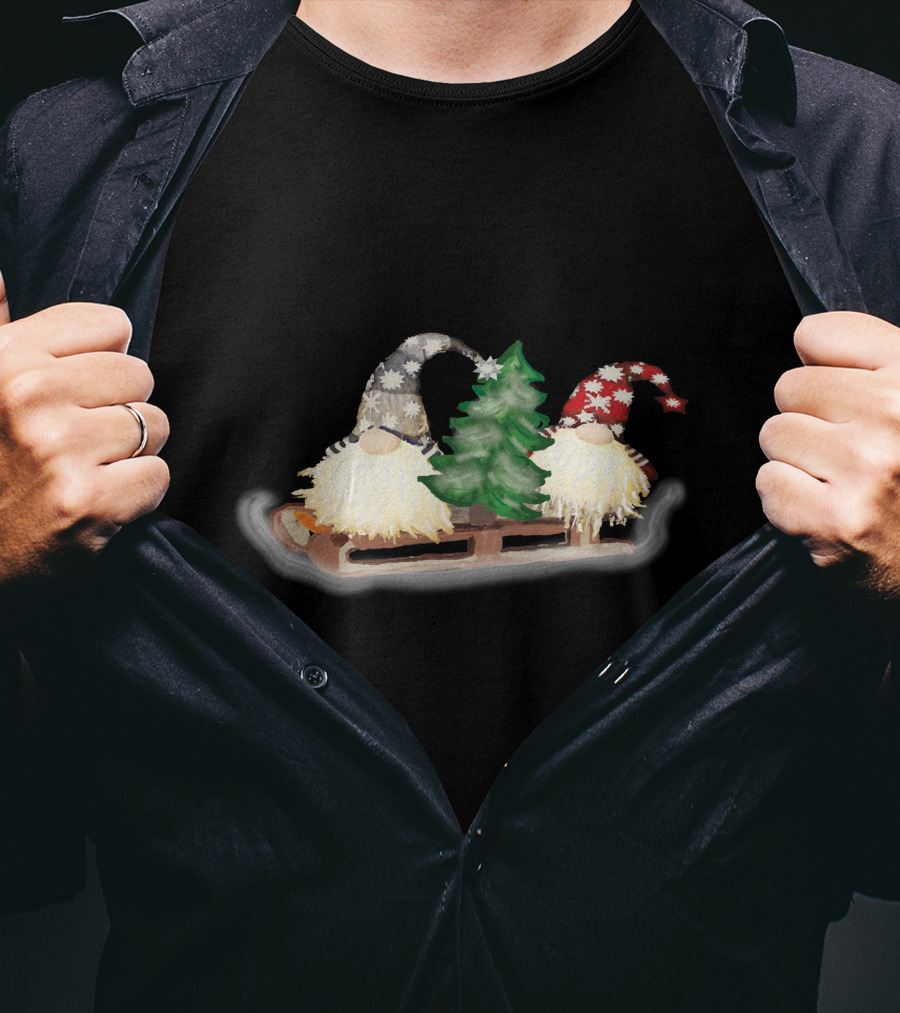 Gnomes On Sleigh With Christmas Tree And Snowflake Hats T-Shirt