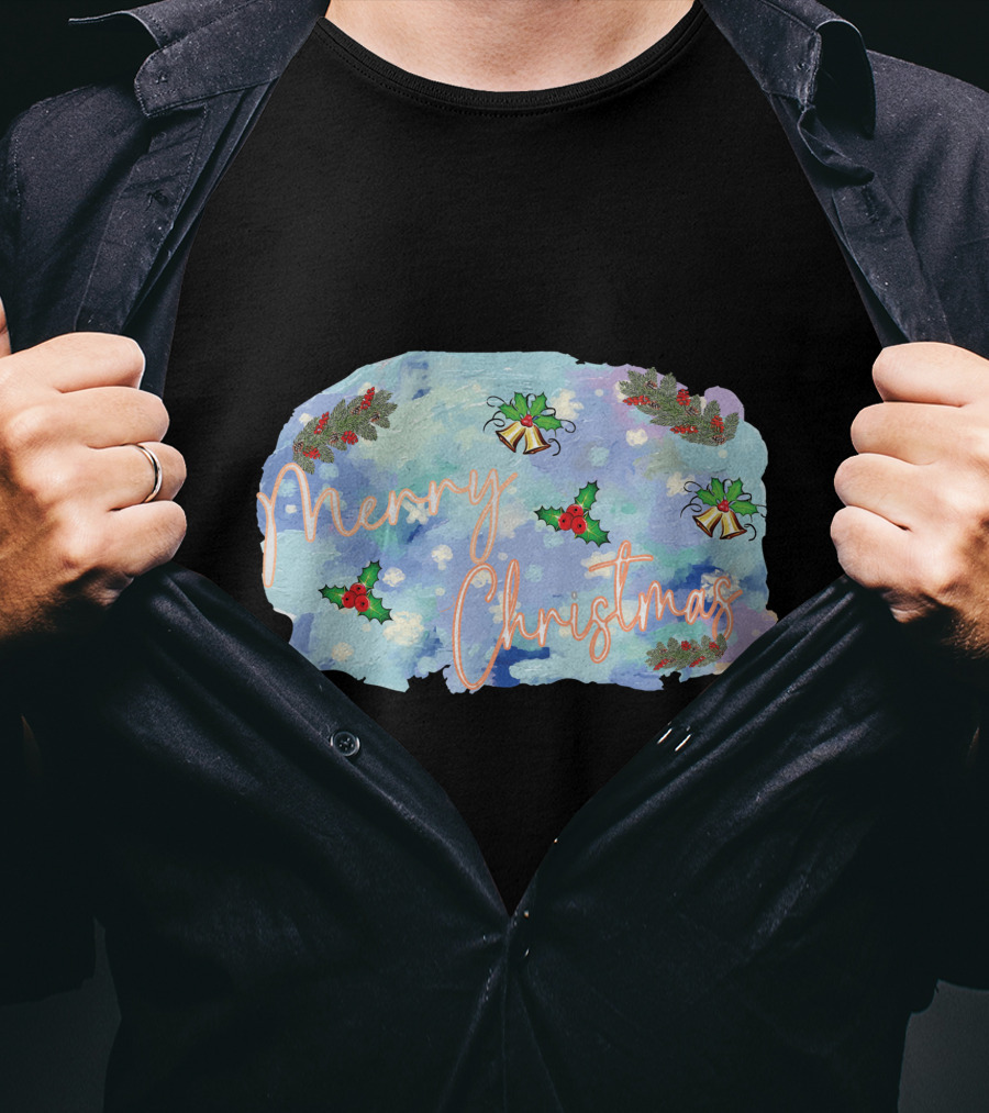 Merry Christmas Watercolor Holly And Bells T-Shirt