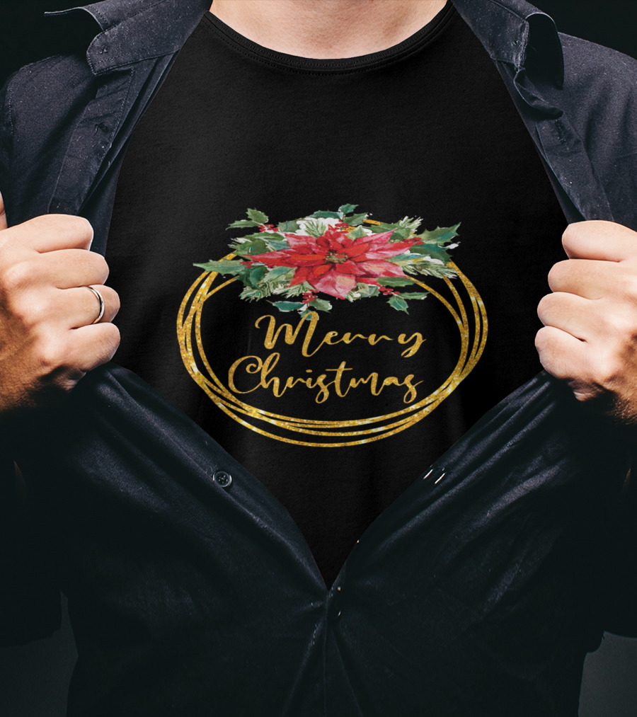 Merry Christmas Poinsettia Wreath T-Shirt