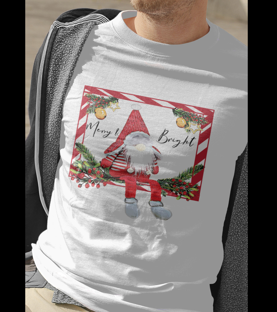 Merry And Bright Gnome Candy Cane Christmas Holiday T-Shirt