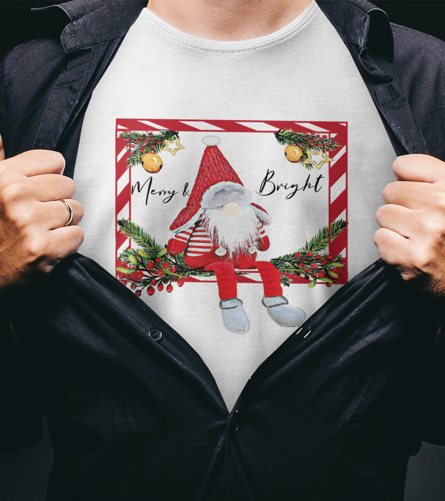 Merry And Bright Gnome Candy Cane Christmas Holiday T-Shirt
