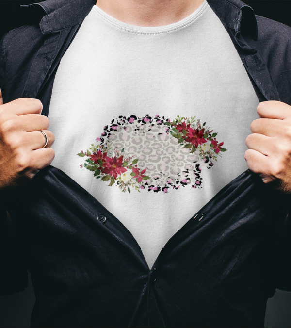 Leopard Print With Floral Poinsettia Border T-Shirt