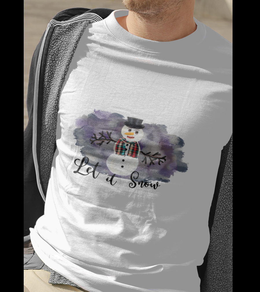 Let It Snow Hand Drawn Snowman Plaid Scarf Top Hat T-Shirt