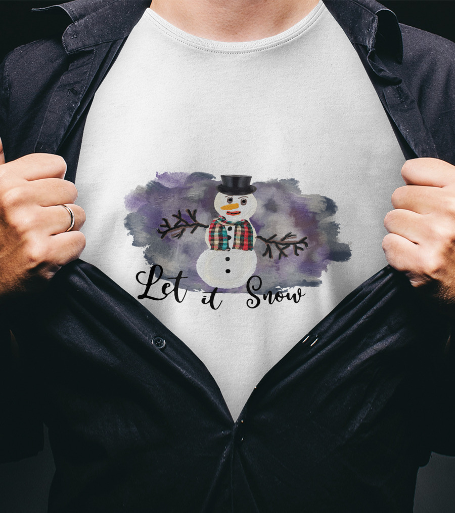 Let It Snow Hand Drawn Snowman Plaid Scarf Top Hat T-Shirt