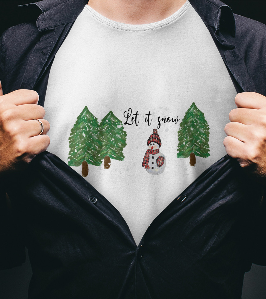 Let It Snow Watercolor Snowman And Pine Trees T-Shirt