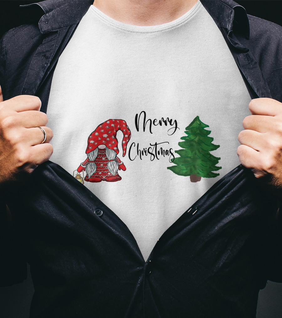 Merry Christmas Gnome With Lantern And Pine Tree T-Shirt