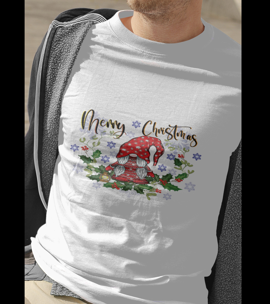 Merry Christmas Gnome With Snowflakes Holly And Lantern T-Shirt