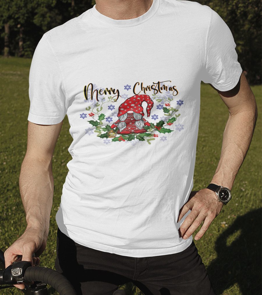 Merry Christmas Gnome With Snowflakes Holly And Lantern T-Shirt
