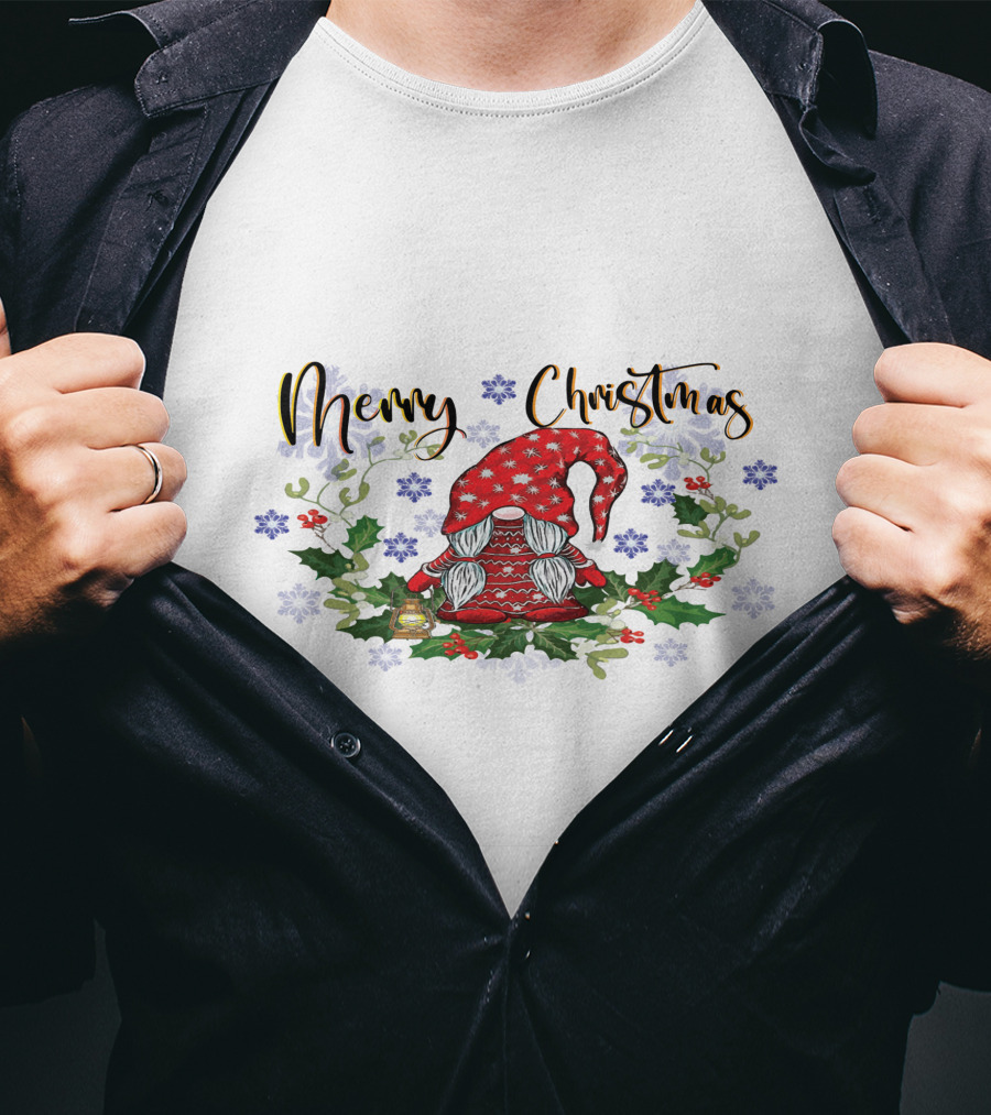 Merry Christmas Gnome With Snowflakes Holly And Lantern T-Shirt