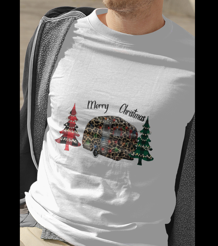 Merry Christmas Leopard Trailer With Festive Trees T-Shirt