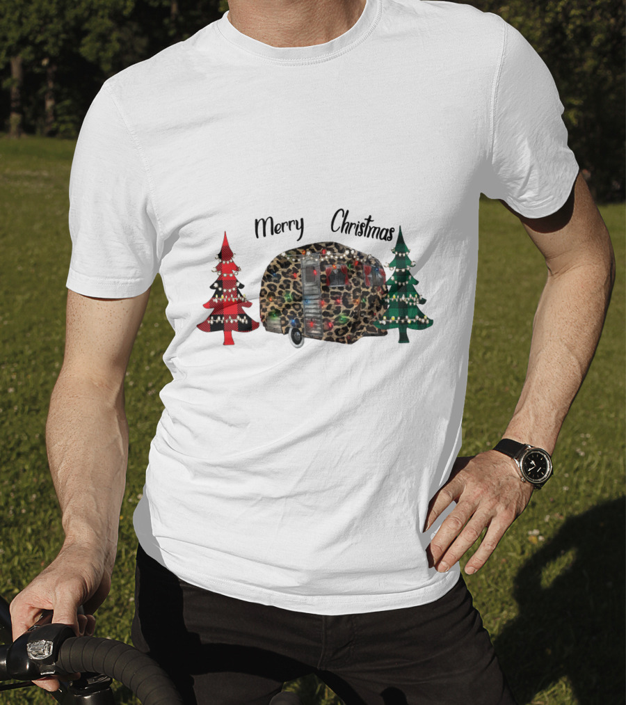 Merry Christmas Leopard Trailer With Festive Trees T-Shirt