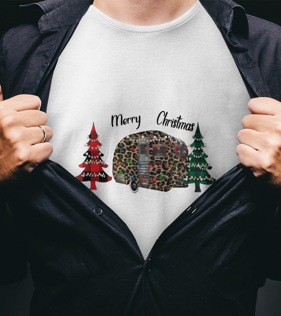 Merry Christmas Leopard Trailer With Festive Trees T-Shirt