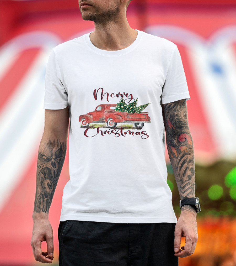 Merry Christmas Red Truck with Festive Tree T-Shirt