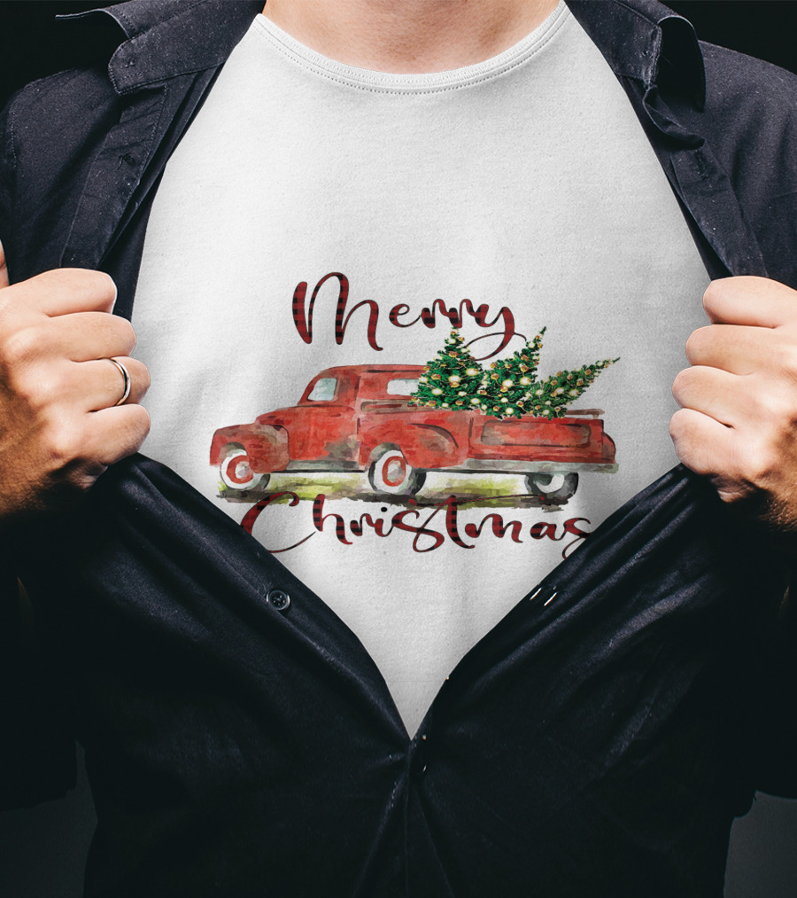 Merry Christmas Red Truck With Festive Tree T-Shirt