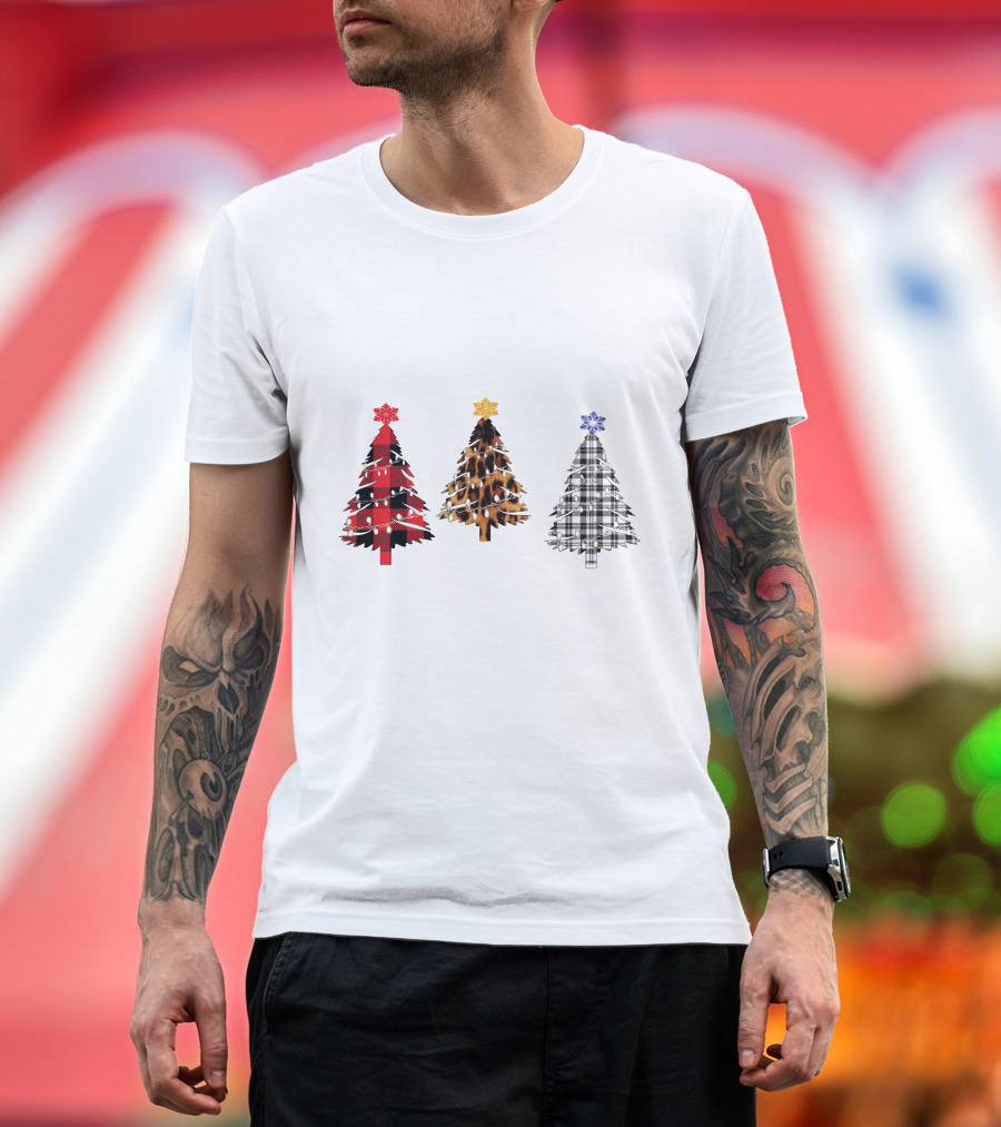 Buffalo Plaid Leopard Tartan Christmas Trees T-Shirt