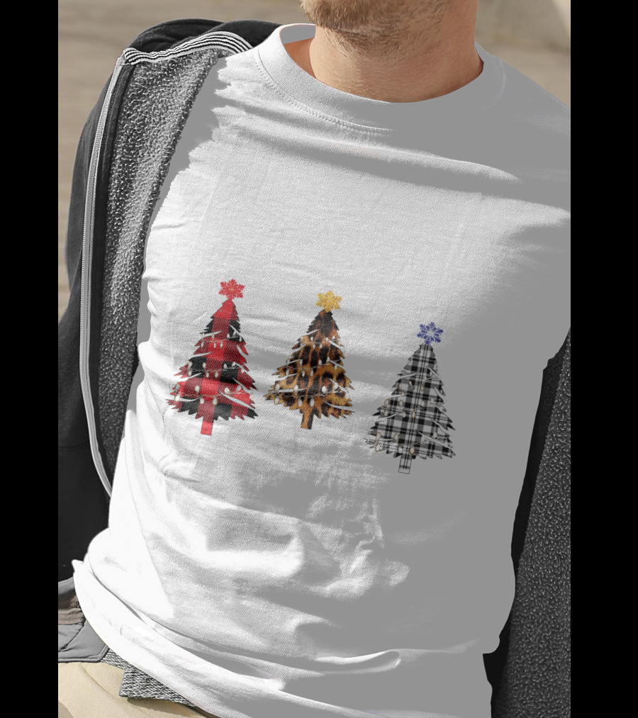 Buffalo Plaid Leopard Tartan Christmas Trees T-Shirt