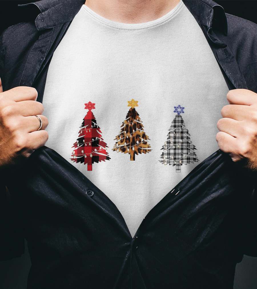 Buffalo Plaid Leopard Tartan Christmas Trees T-Shirt