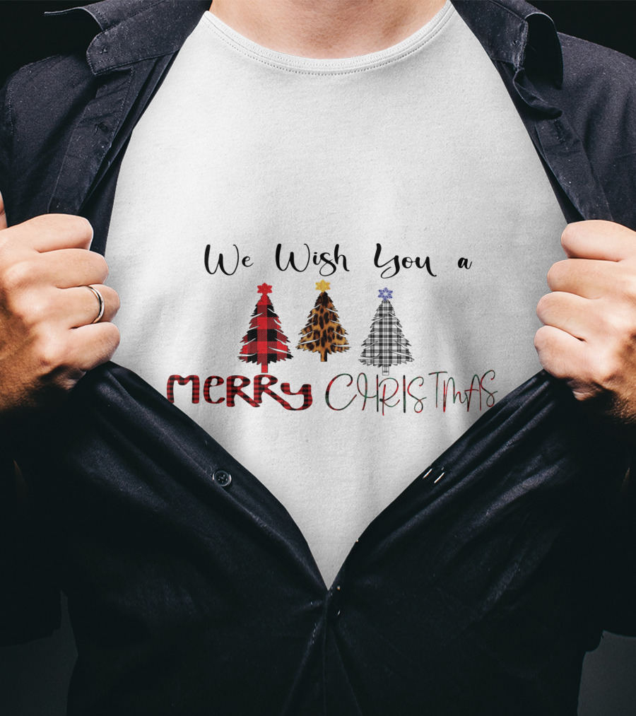 We Wish You A Merry Christmas Trees Plaid Leopard T-Shirt
