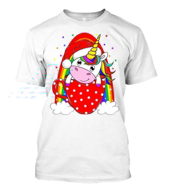 Unicorn In Santa Hat With Rainbow And Red Polka Dot Cup T-Shirt