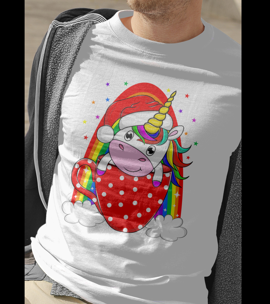 Unicorn In Santa Hat With Rainbow And Red Polka Dot Cup T-Shirt