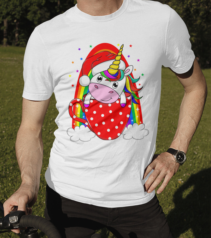 Unicorn In Santa Hat With Rainbow And Red Polka Dot Cup T-Shirt