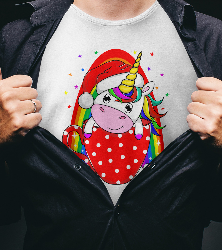 Unicorn In Santa Hat With Rainbow And Red Polka Dot Cup T-Shirt
