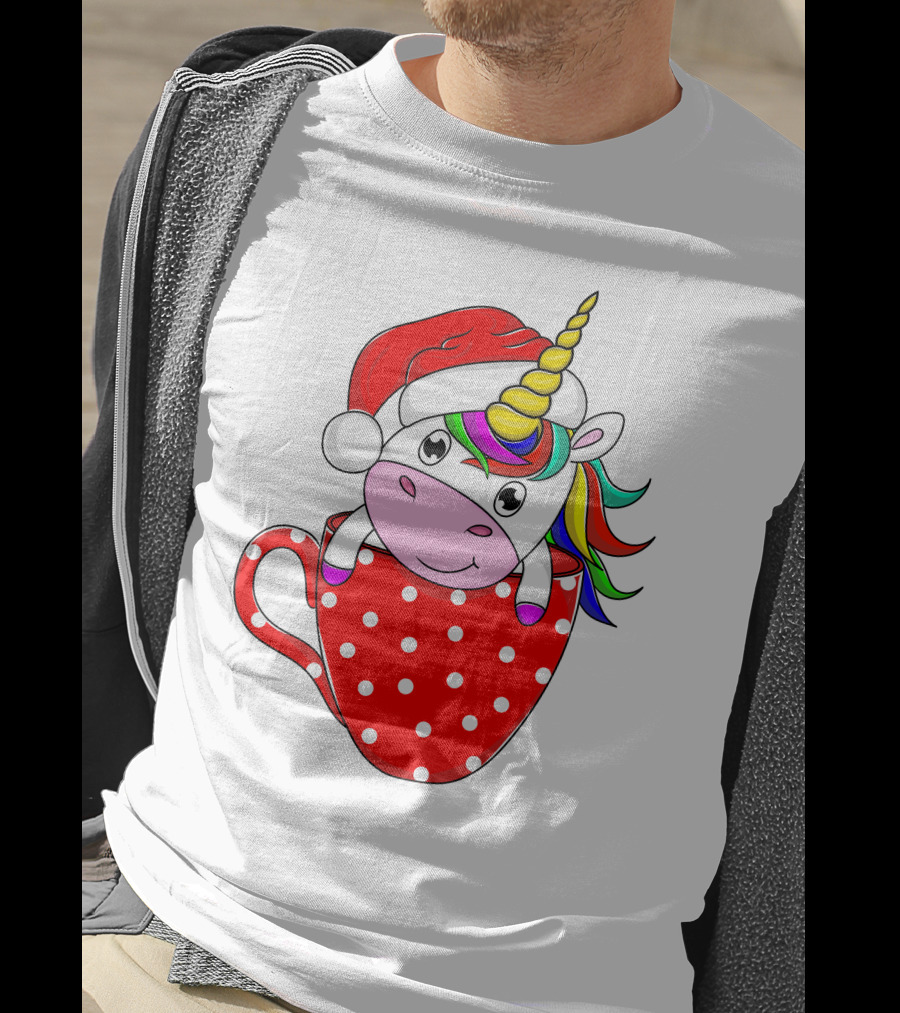 Santa Hat Unicorn In Polka Dot Red Cup T-Shirt