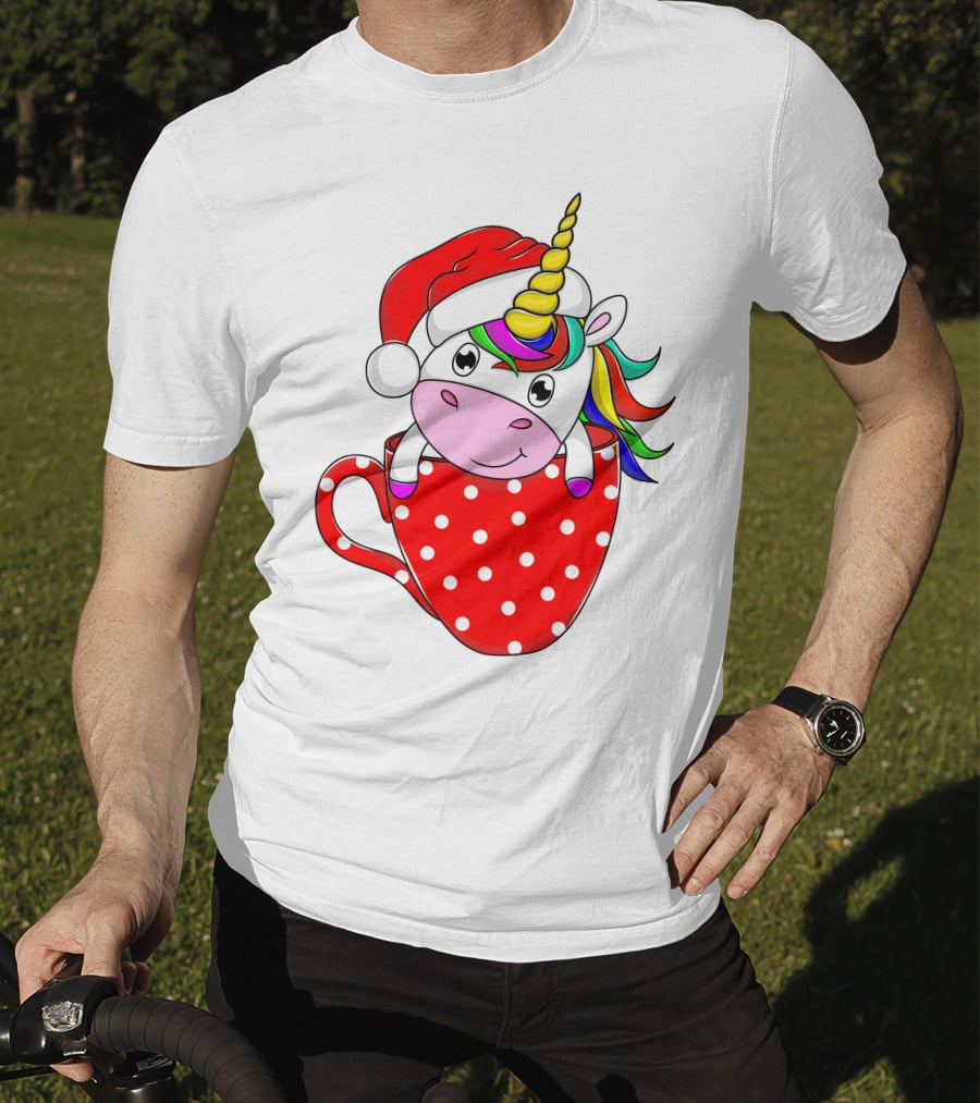 Santa Hat Unicorn In Polka Dot Red Cup T-Shirt