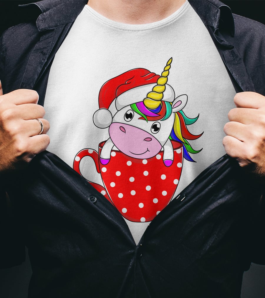 Santa Hat Unicorn In Polka Dot Red Cup T-Shirt